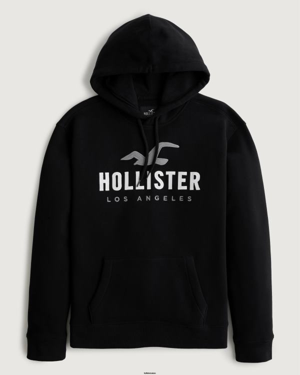 sweat à capuche à logo imprimé Hommes noir Hollister hauts RRRJX965