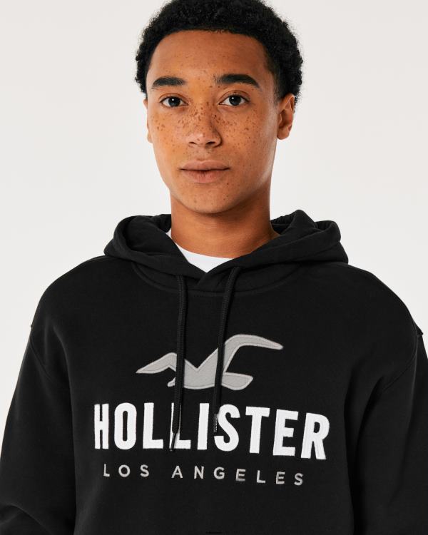 sweat à capuche à logo imprimé Hommes noir Hollister hauts RRRJX965
