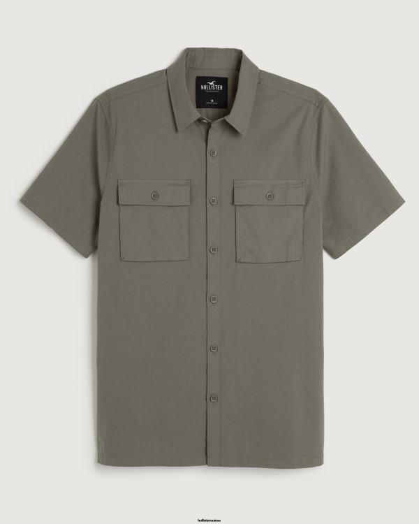 chemise utilitaire à manches courtes en popeline Hommes olive Hollister hauts RRRJX1050