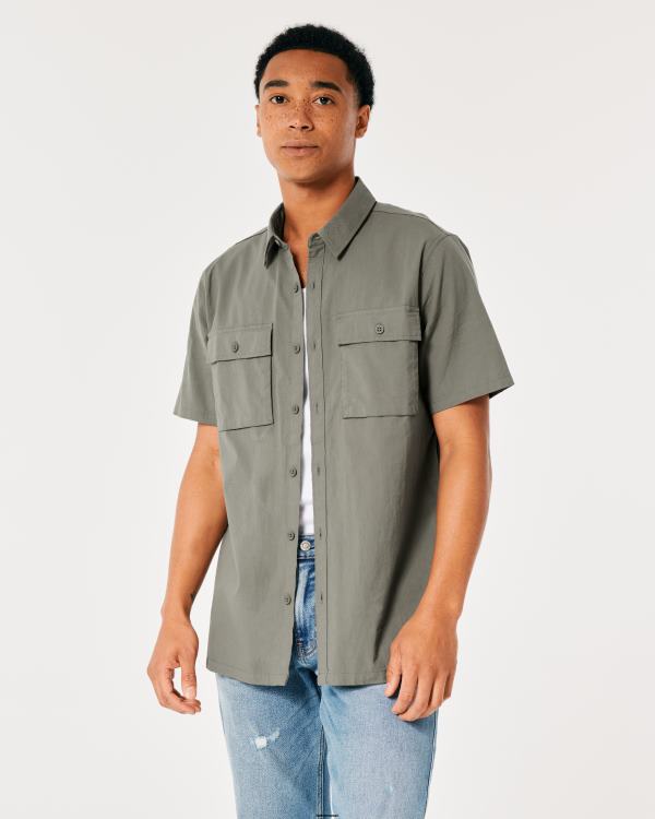chemise utilitaire à manches courtes en popeline Hommes olive Hollister hauts RRRJX1050