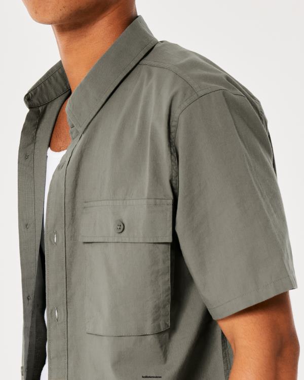 chemise utilitaire à manches courtes en popeline Hommes olive Hollister hauts RRRJX1050