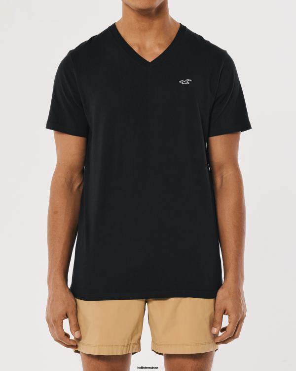t-shirt à col v en coton à logo iconique Hommes noir Hollister hauts RRRJX1061