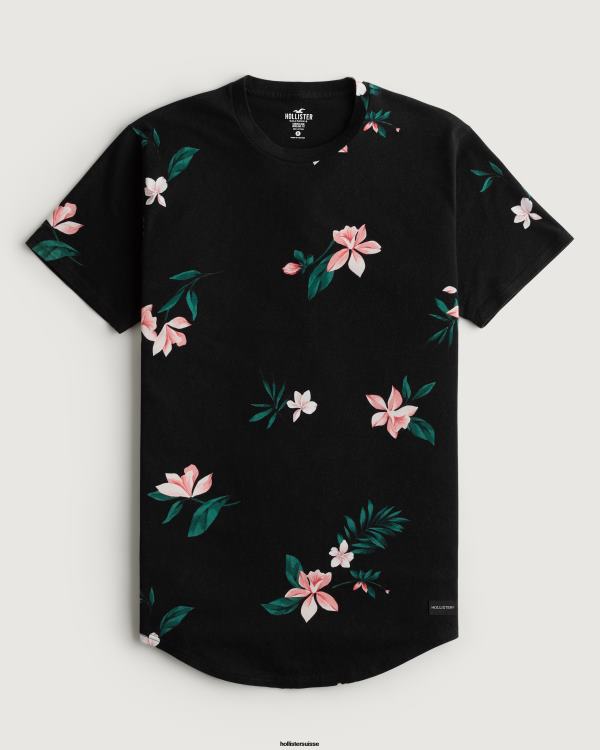 t-shirt long à motif floral et ourlet arrondi Hommes fleuri noir Hollister hauts RRRJX813