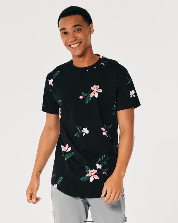 t-shirt long à motif floral et ourlet arrondi Hommes fleuri noir Hollister hauts RRRJX813