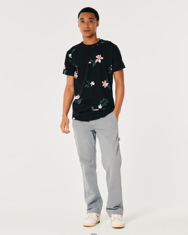 t-shirt long à motif floral et ourlet arrondi Hommes fleuri noir Hollister hauts RRRJX813