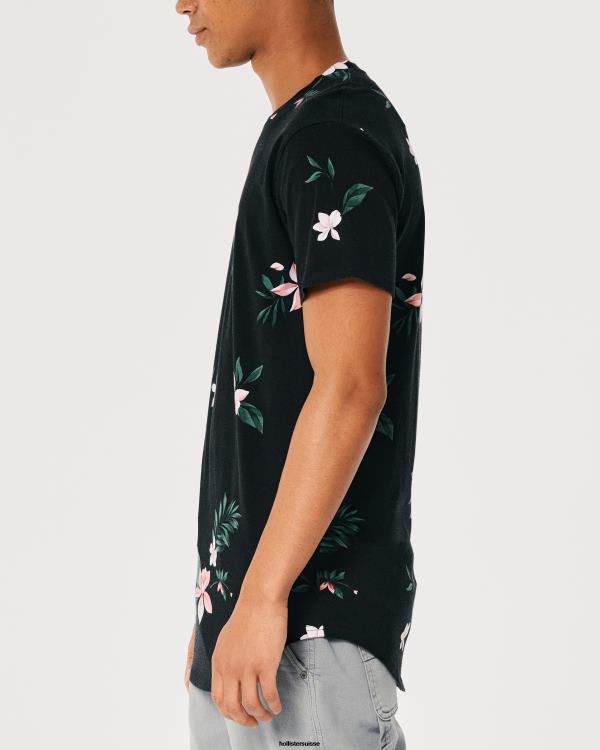 t-shirt long à motif floral et ourlet arrondi Hommes fleuri noir Hollister hauts RRRJX813