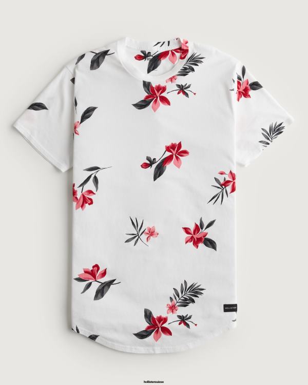t-shirt long à motif floral et ourlet arrondi Hommes fleurs blanches Hollister hauts RRRJX847