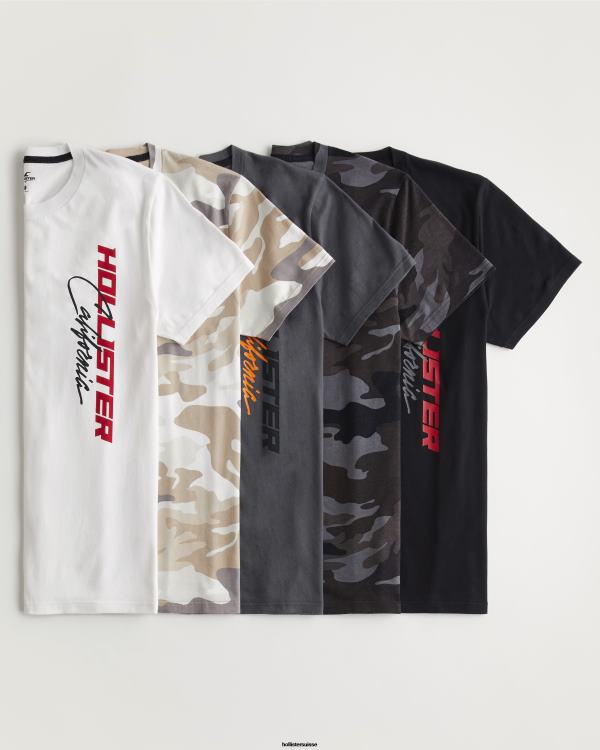 lot de 5 t-shirts graphiques à logo imprimé Hommes blanc-beige camo-gris-noir Hollister hauts RRRJX1093
