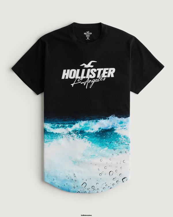 t-shirt graphique à logo effet délavé à ourlet arrondi Hommes impression noire Hollister hauts RRRJX844