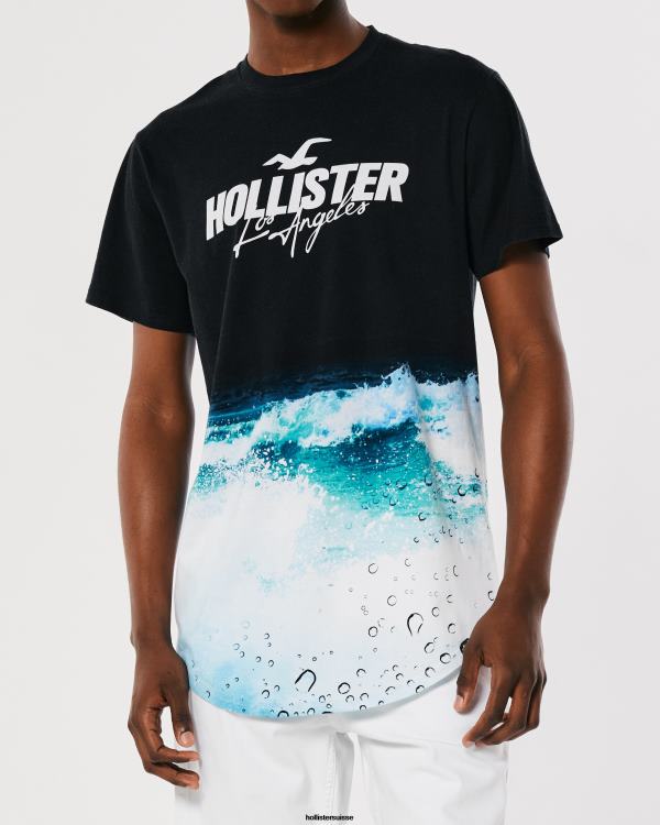 t-shirt graphique à logo effet délavé à ourlet arrondi Hommes impression noire Hollister hauts RRRJX844