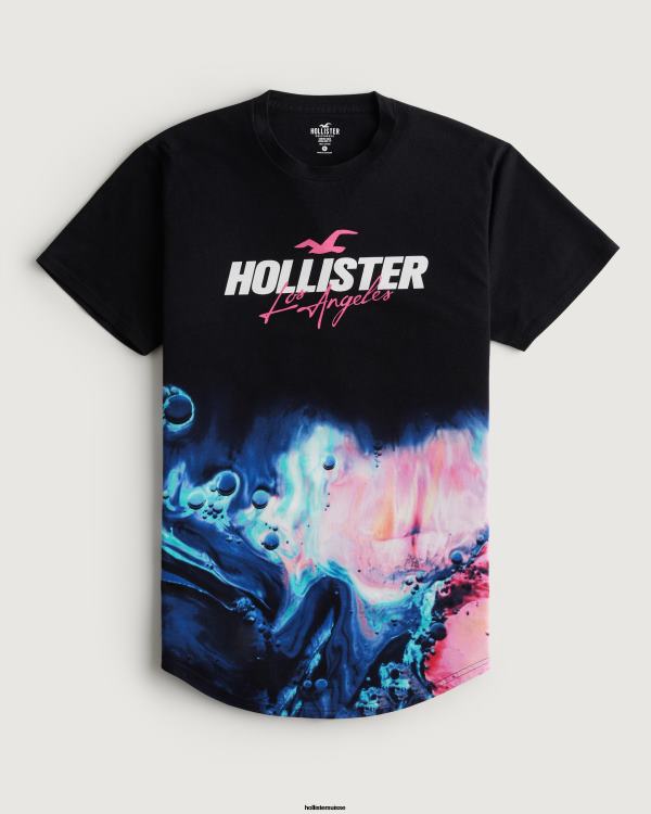 t-shirt graphique à logo effet délavé à ourlet arrondi Hommes noir avec imprimé rose Hollister hauts RRRJX828