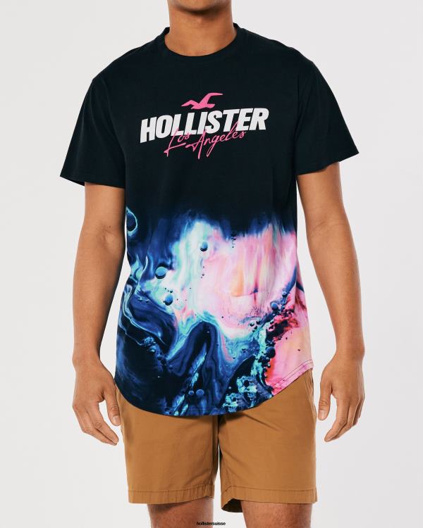 t-shirt graphique à logo effet délavé à ourlet arrondi Hommes noir avec imprimé rose Hollister hauts RRRJX828