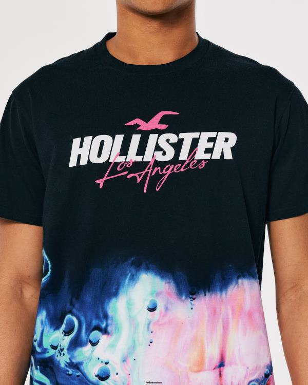 t-shirt graphique à logo effet délavé à ourlet arrondi Hommes noir avec imprimé rose Hollister hauts RRRJX828
