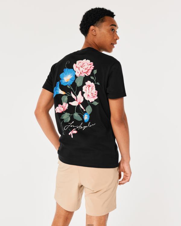 t-shirt graphique à logo floral décontracté Hommes noir Hollister hauts RRRJX875