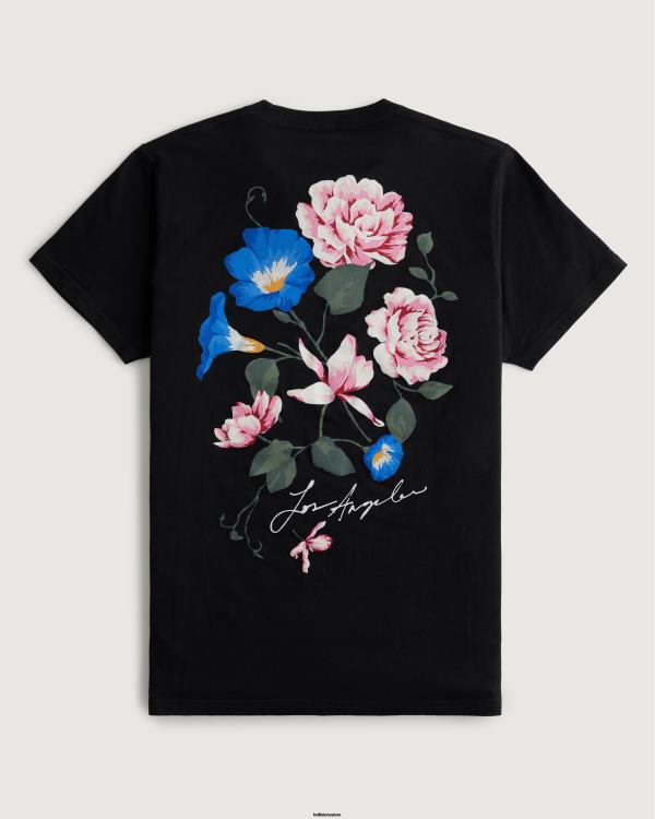 t-shirt graphique à logo floral décontracté Hommes noir Hollister hauts RRRJX875