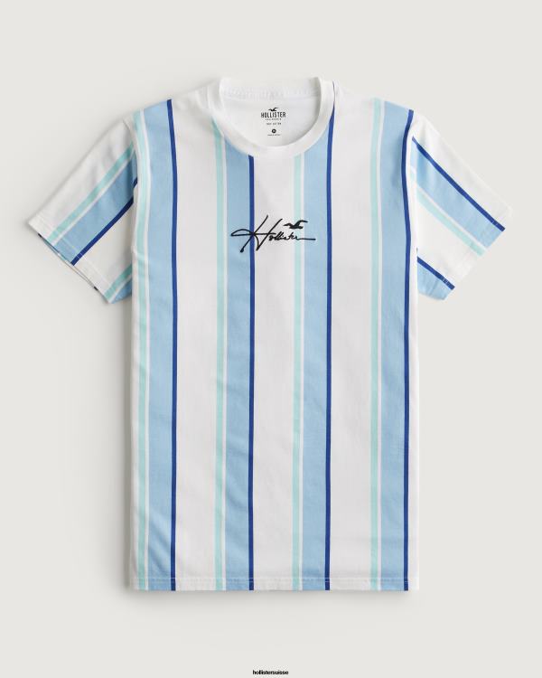 t-shirt à logo en coton rayé Hommes bande bleu clair Hollister hauts RRRJX1041