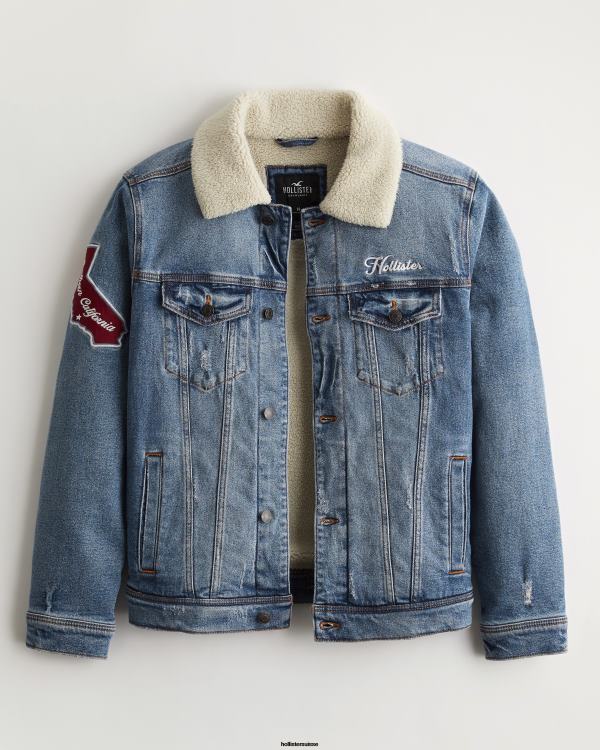 veste de camionneur universitaire en denim doublée de sherpa Hommes lavage moyen Hollister hauts RRRJX1081
