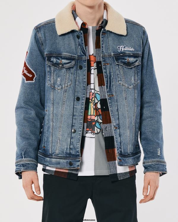 veste de camionneur universitaire en denim doublée de sherpa Hommes lavage moyen Hollister hauts RRRJX1081