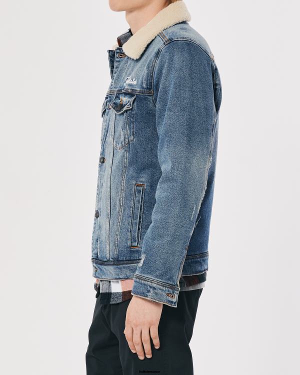 veste de camionneur universitaire en denim doublée de sherpa Hommes lavage moyen Hollister hauts RRRJX1081