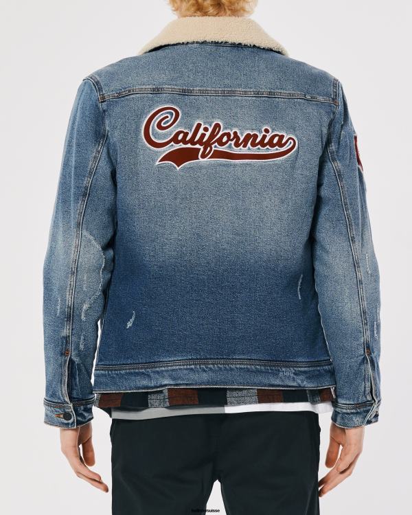 veste de camionneur universitaire en denim doublée de sherpa Hommes lavage moyen Hollister hauts RRRJX1081