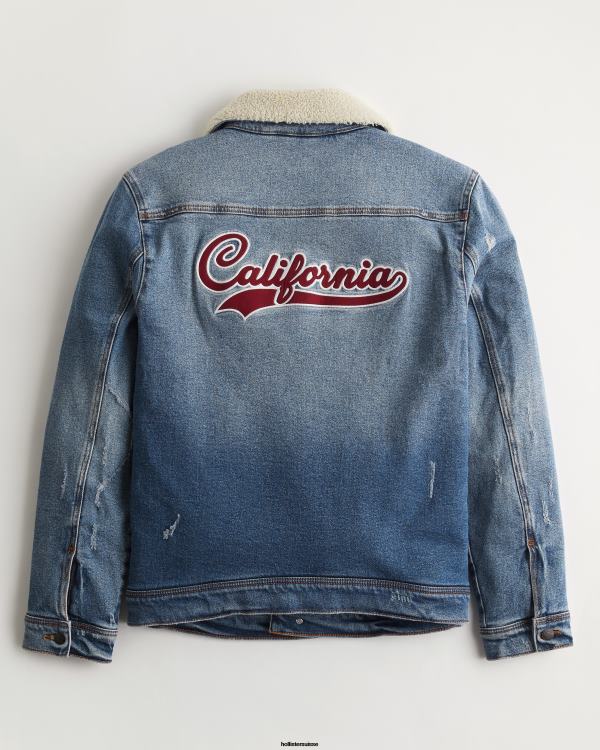 veste de camionneur universitaire en denim doublée de sherpa Hommes lavage moyen Hollister hauts RRRJX1081
