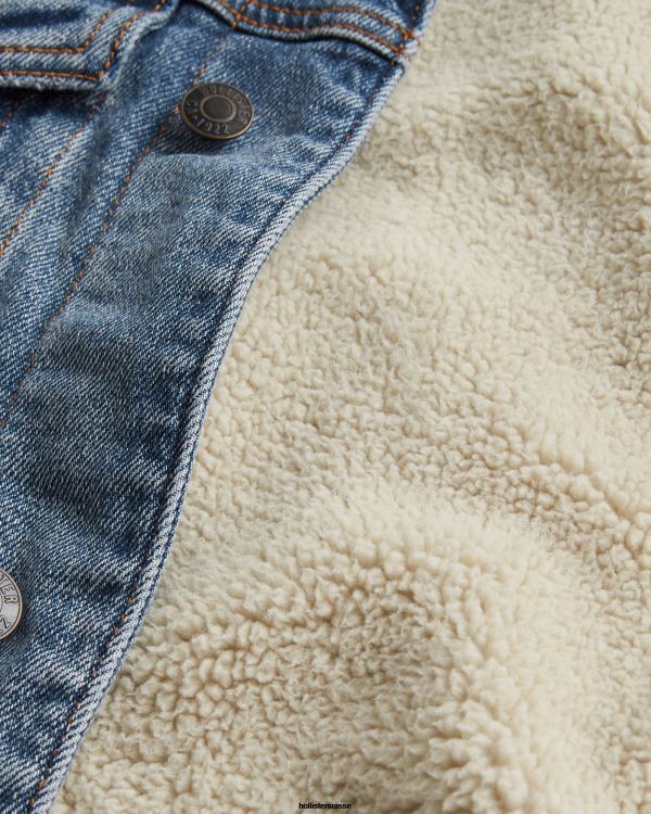 veste de camionneur universitaire en denim doublée de sherpa Hommes lavage moyen Hollister hauts RRRJX1081