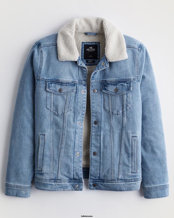 veste trucker en denim doublée de sherpa Hommes lavage léger Hollister hauts RRRJX909