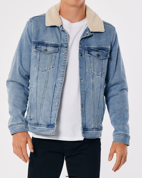 veste trucker en denim doublée de sherpa Hommes lavage léger Hollister hauts RRRJX909
