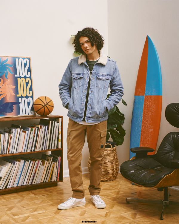 veste trucker en denim doublée de sherpa Hommes lavage léger Hollister hauts RRRJX909