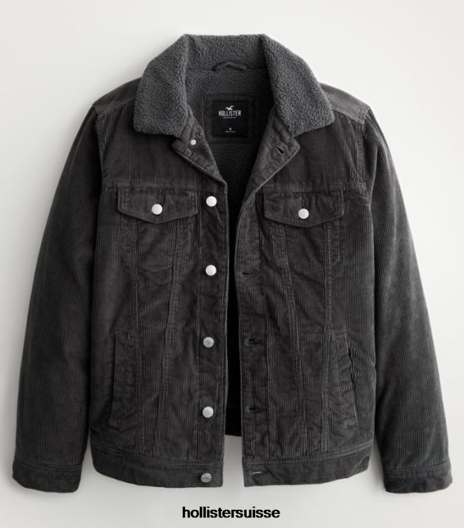 veste trucker en velours côtelé doublée de sherpa Hommes velours côtelé gris foncé Hollister hauts RRRJX1074