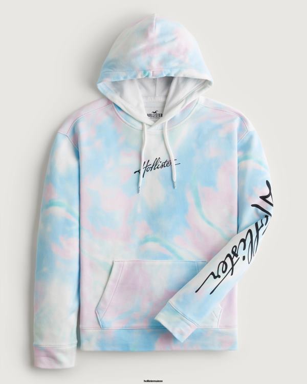 sweat à capuche graphique à effet délavé Hommes tie-dye bleu Hollister hauts RRRJX835