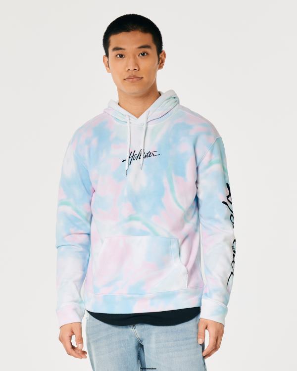 sweat à capuche graphique à effet délavé Hommes tie-dye bleu Hollister hauts RRRJX835
