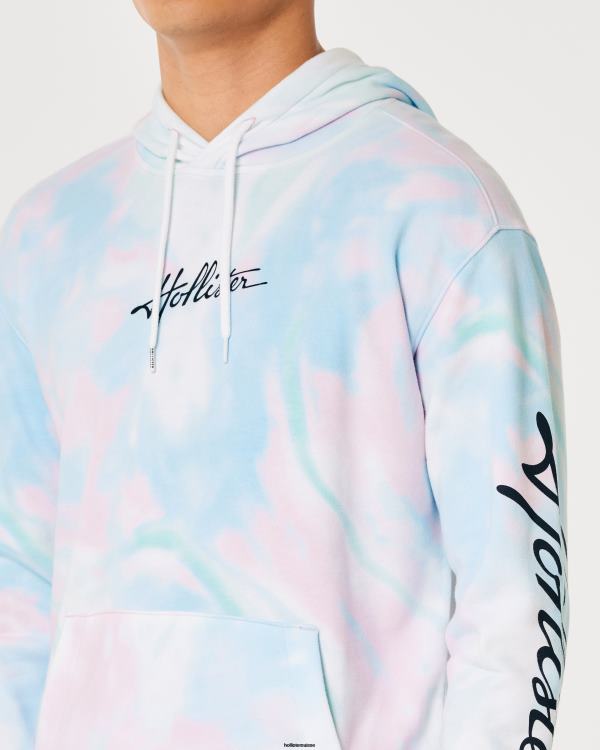 sweat à capuche graphique à effet délavé Hommes tie-dye bleu Hollister hauts RRRJX835