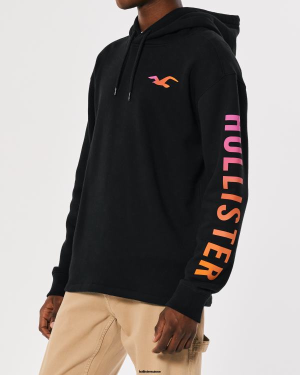 sweat à capuche à logo imprimé Hommes noir avec graphique sur la manche Hollister hauts RRRJX829